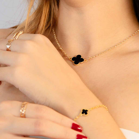 Conjunto Pulseira, Colar Choker e Brinco - Trevo Banhado a Ouro 18K