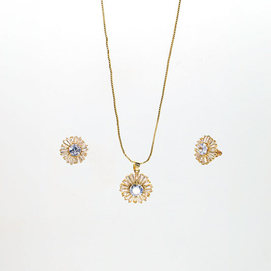 Conjunto Colar e Brinco Flores Zircônia Folheado a Ouro