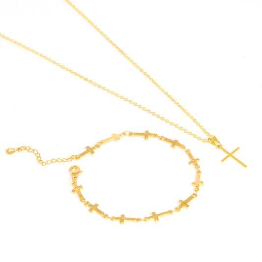 Mix Colar e Pulseira Cruz Banhado