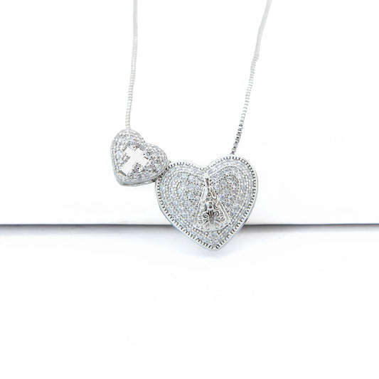 Colar Duplo Coração Cruz Nossa Senhora Cravejado com Microzircônias Banhado em Ouro 18K