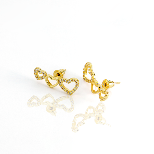 Brinco Duplo Coração Brilhante Cravejado Banhado