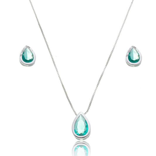 Conjunto Colar e Brinco Gota Banhado em Prata