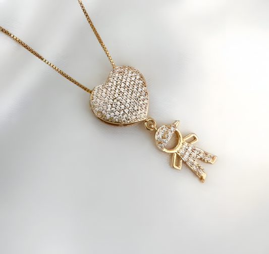 Colar Pingente Menino(a) e Coração em Zircônia Banhado em Ouro 18K