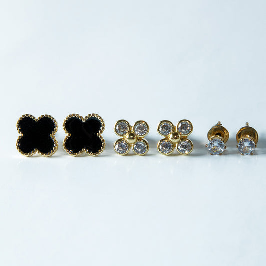 Trio de Brincos Trevo com Pedras Brilhantes Multicores Banhado em Ouro 18K