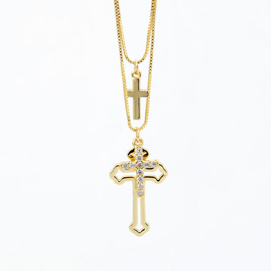 Colar Religioso Cruz Cravejada e Crucifixo Banhado em Ouro 18K