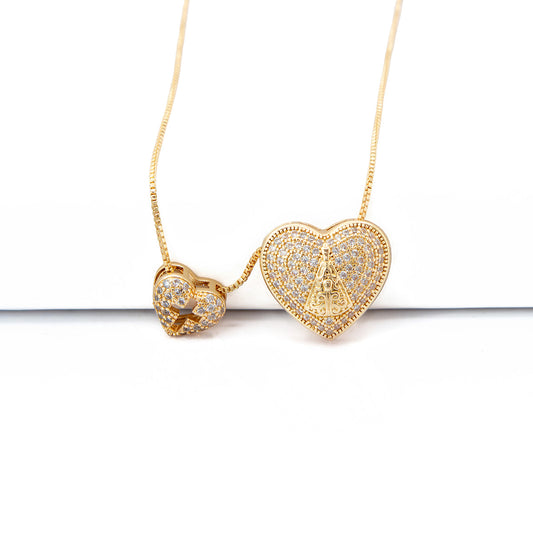 Colar Duplo Coração Cruz Nossa Senhora Cravejado com Microzircônias Banhado em Ouro 18K