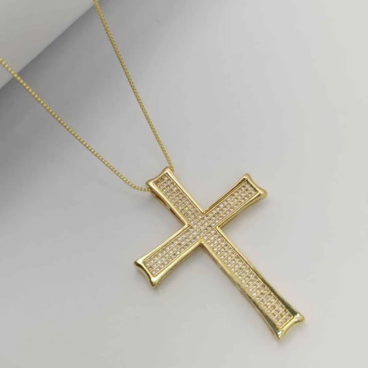 Colar Cruz Cravejado com Microzircônias Banhado em Ouro 18K