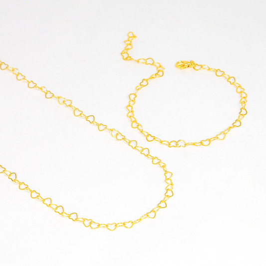 Mix de Colar E Pulseira Dourado Corrente com Elos de Coração