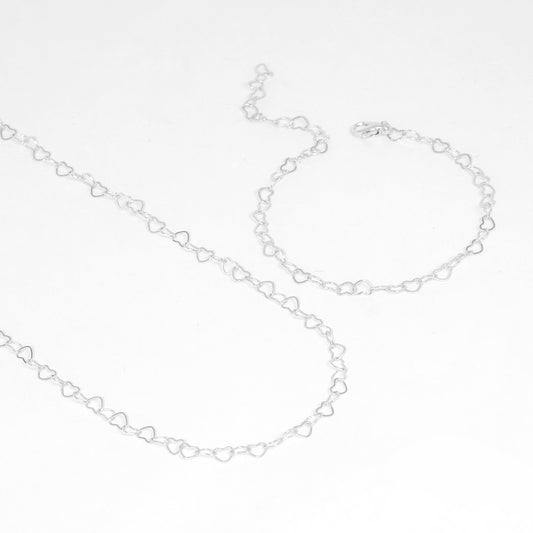 Mix de Colar e Pulseira Prateado Corrente Feminina com Elos de Coração