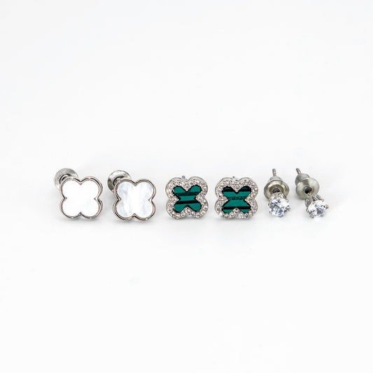 Trio de Brincos Trevo Multicores Cravejado com MicroZircônias Banhado em Ouro 18K