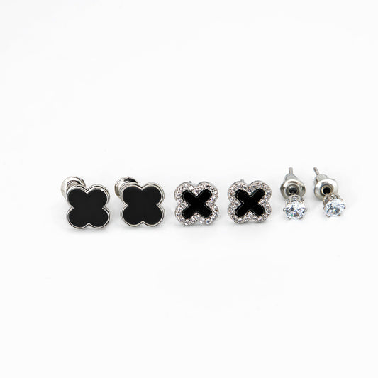 Trio de Brincos Trevo Multicores Cravejado com MicroZircônias Banhado em Ouro 18K