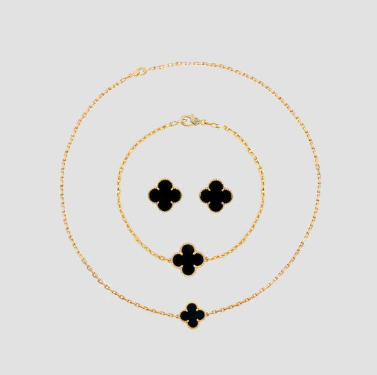 Conjunto Pulseira, Colar Choker e Brinco - Trevo Banhado a Ouro 18K