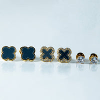 Trio de Brincos Trevo Multicores Cravejado com MicroZircônias Banhado em Ouro 18K