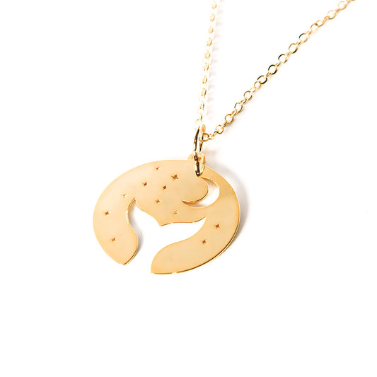 Colar Medalha Rabo de Sereia e Lua Vazada Banhado a Ouro 18K