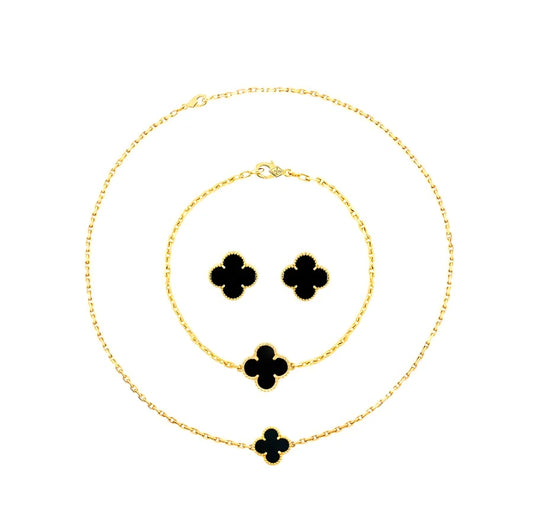 Conjunto Pulseira, Colar Choker e Brinco - Trevo Banhado a Ouro 18K