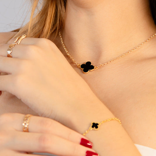 Conjunto Pulseira, Colar Choker e Brinco - Trevo Banhado a Ouro 18K