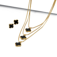 Conjunto Brinco e Colar Triplo 3 Folhas de Trevos Banhado em Ouro 18K