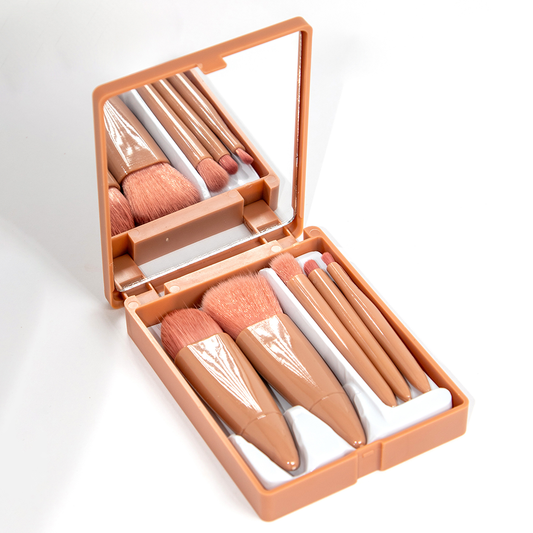 Kit 5 Pincéis de Maquiagem Rosa com Espelho