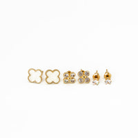 Trio de Brincos Trevo com Pedras Brilhantes Multicores Banhado em Ouro 18K
