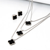 Conjunto Brinco e Colar Triplo 3 Folhas de Trevos Banhado em Ouro 18K