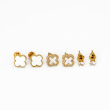 Trio de Brincos Trevo Multicores Cravejado com MicroZircônias Banhado em Ouro 18K