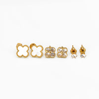 Trio de Brincos Trevo Multicores Cravejado com Zircônias Banhado em Ouro 18K