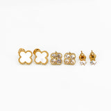 Trio de Brincos Trevo Multicores Cravejado com Zircônias Banhado em Ouro 18K