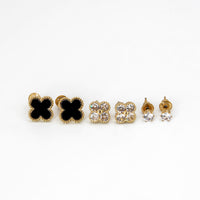 Trio de Brincos Trevo Multicores Cravejado com Zircônias Banhado em Ouro 18K