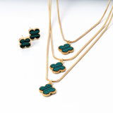 Conjunto Brinco e Colar Triplo 3 Folhas de Trevos Banhado em Ouro 18K