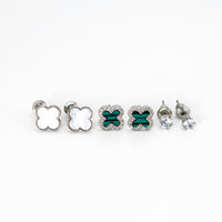 Trio de Brincos Trevo Multicores Cravejado com MicroZircônias Banhado em Ouro 18K