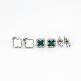 Trio de Brincos Trevo Multicores Cravejado com MicroZircônias Banhado em Ouro 18K