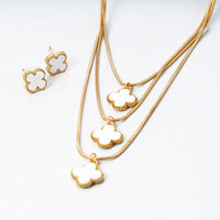Conjunto Brinco e Colar Triplo 3 Folhas de Trevos Banhado em Ouro 18K