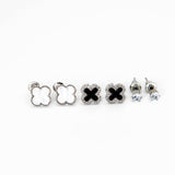 Trio de Brincos Trevo Multicores Cravejado com MicroZircônias Banhado em Ouro 18K
