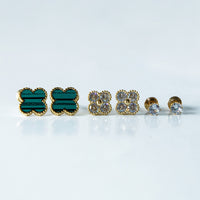 Trio de Brincos Trevo Multicores Cravejado com Zircônias Banhado em Ouro 18K