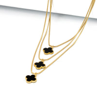 Conjunto Brinco e Colar Triplo 3 Folhas de Trevos Banhado em Ouro 18K